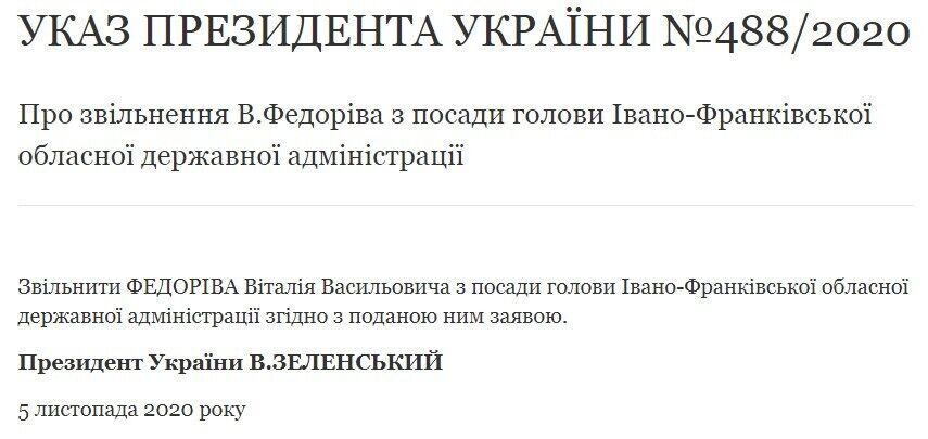 Указ про звільнення Віталія Федоріва.